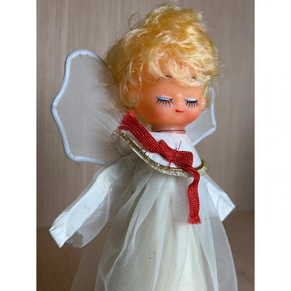 Vintage Blonde Angel Christmas Tree Topper White Mesh Gown Red Ribbon Bow MCM